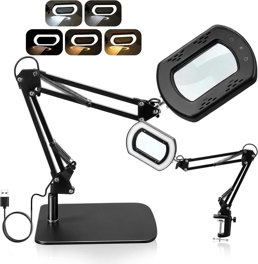 15x rechthoekige loep 5 kleurmodi traploos dimbaar 2-in-1 bureaulamp en klem led-verlichte loep met licht en standaard 360° draaibare arm voor handwerk hobby schilderen sluiten werk