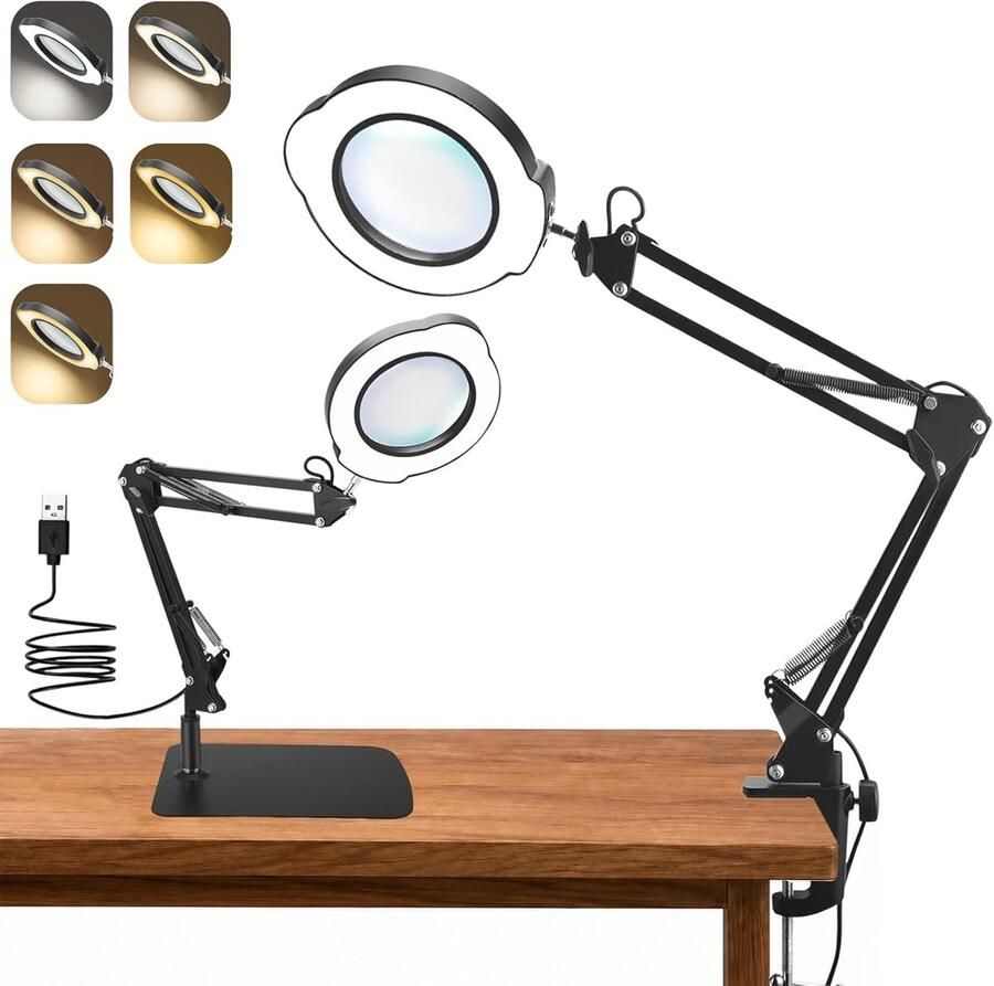 15x vergrootglas met licht 2-in-1 tafellamp 5 kleurmodi 10 helderheidsniveaus 360° draaibare kop 15 prachtige glazen