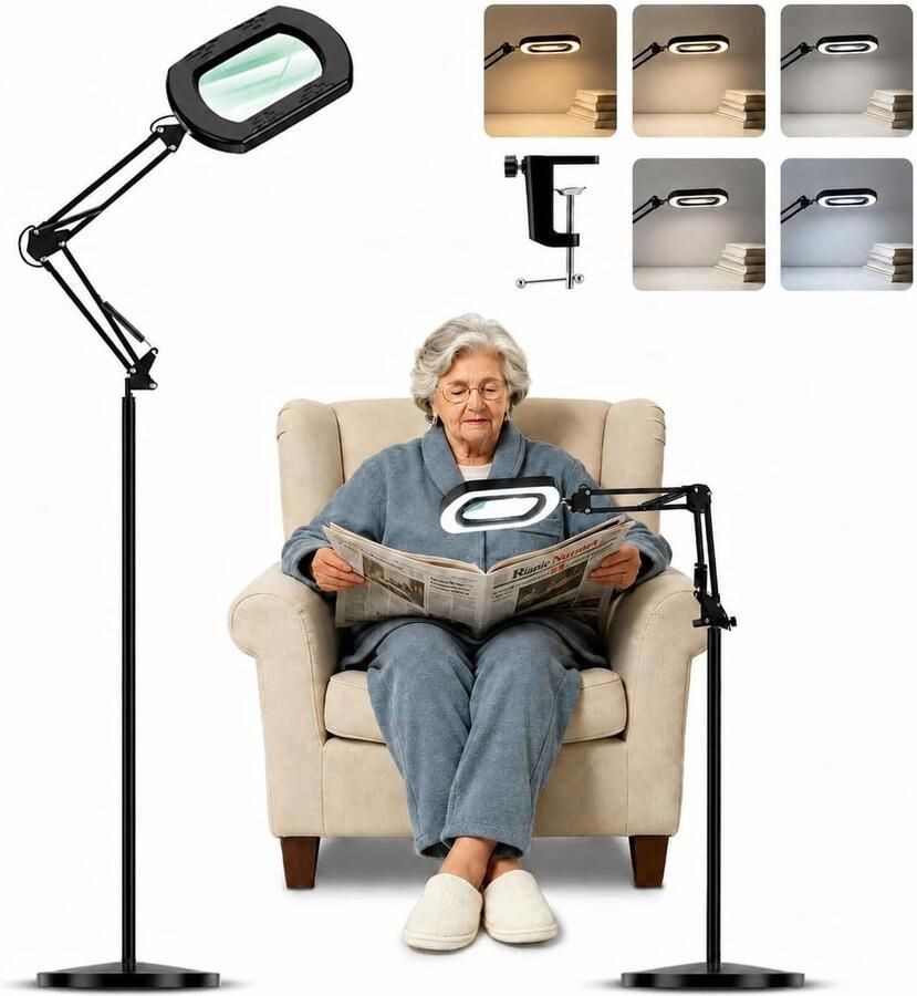 15x vergrootglas met licht en houder 3-in-1 werklamp met klem en 5-kleurmodus 60 ledlampen 360° draaibare arm bureauloep voor lezen reparatie