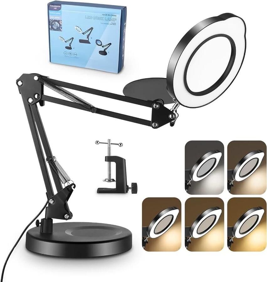 15x vergrootglas met licht en standaard 2-in-1 led-vergrootlamp met klem 5 kleurmodi traploos dimbaar 360° draaibare arm led-vergrootlamp lamp met vergrootglas voor ambachtelijke reparaties en