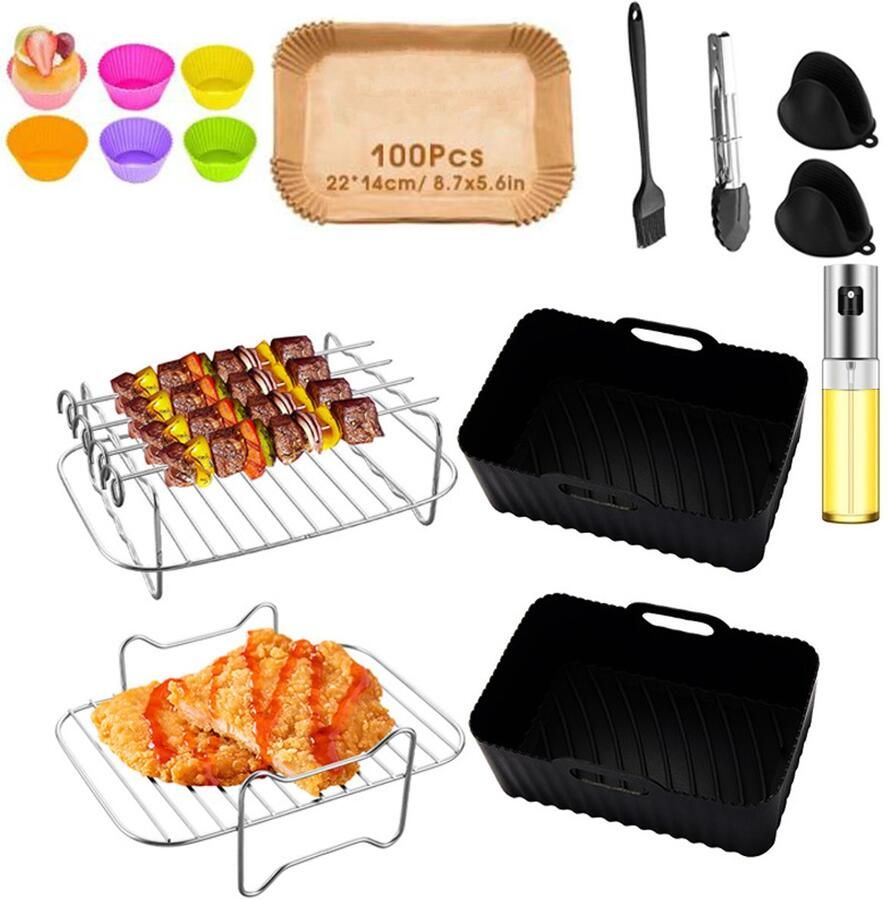 16 delig Airfryer Accessoireset 304 Roestvrijstaal Meerdere Lagen Rack voor Dubbele Zone Airfryer Accessoires Complete Set-Inclusief Airfryer Siliconen Bakje Geschikt voor Philips Airfryer XL & Airfryer XXL HD9650