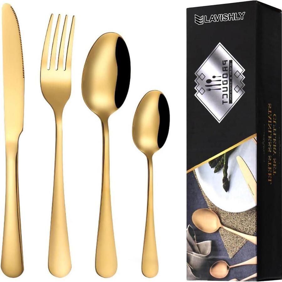 Bestekset 16-delig Gouden servies Eettafel verfraaien Spiegelgepolijst design Voor 4 personen Goud