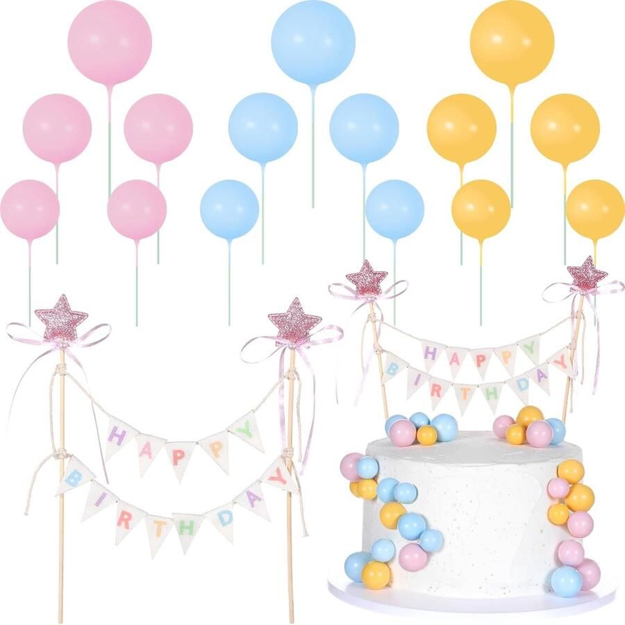 16-delige Happy Birthday taarttopper-set met slinger houten stok