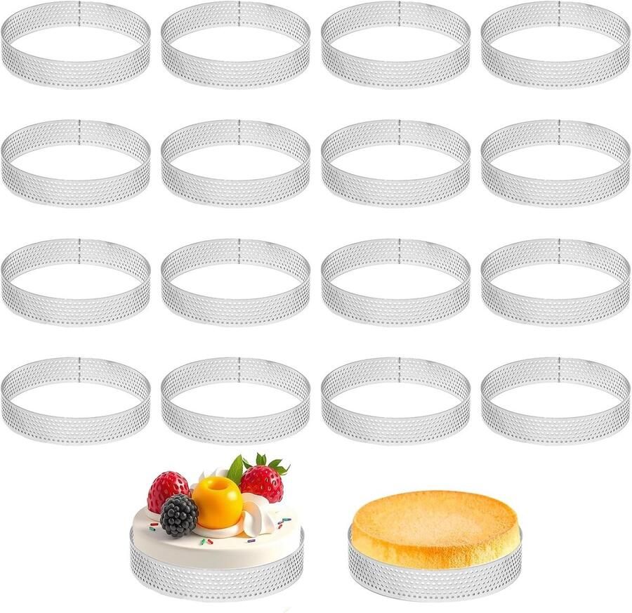 16-delige set van 8 cm roestvrijstalen taartvormen microgeperforeerde ringen voor taarten gebak mini-taarten en pizza's