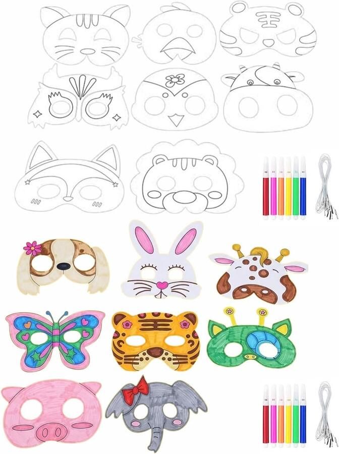 16 Masken für Kinder Diermaskeren Blanko Malen Masken met Bungee-Strings en 12 Kleurrijke Watercolor-Brush zum Zelf Malen und Gestalten für Kinder Meisjes Junge Kinderverjaardag Cosplay(B)