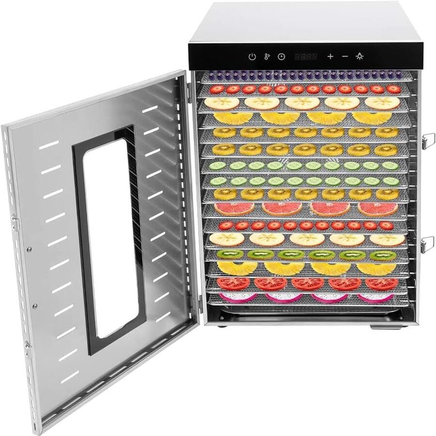 16 tray voedseldroger voor groenten en fruit conserveringsapparaat temperatuurregelaar van 30-90 °C 24-uurs timer digi-setbediening dehydrator met 1500 W voor fruit vlees vruchten droger