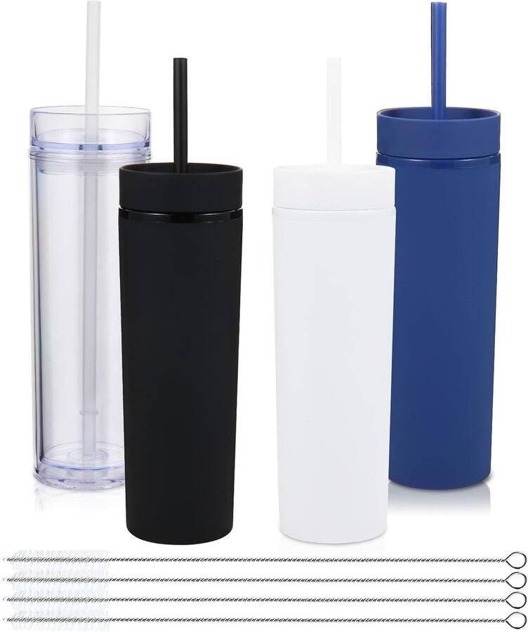 16oz Plastic Skinny Tumbler met deksel en rietje bulk 4 stuks geïsoleerde dubbelwandige BPA-vrije matte acryl tumblers ijskoffie reizen herbruikbare feestbeker aanpasbare doe-het-zelf