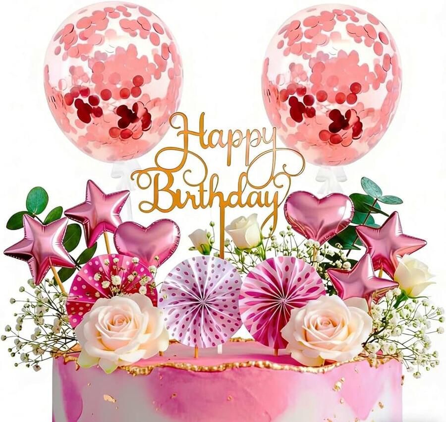 17-delige taartdecoratieset Happy Birthday taartdecoratie roségoud taarttopper sterren hartjes papieren waaiers verjaardag feestdecoratie glitter decoratieve elementen
