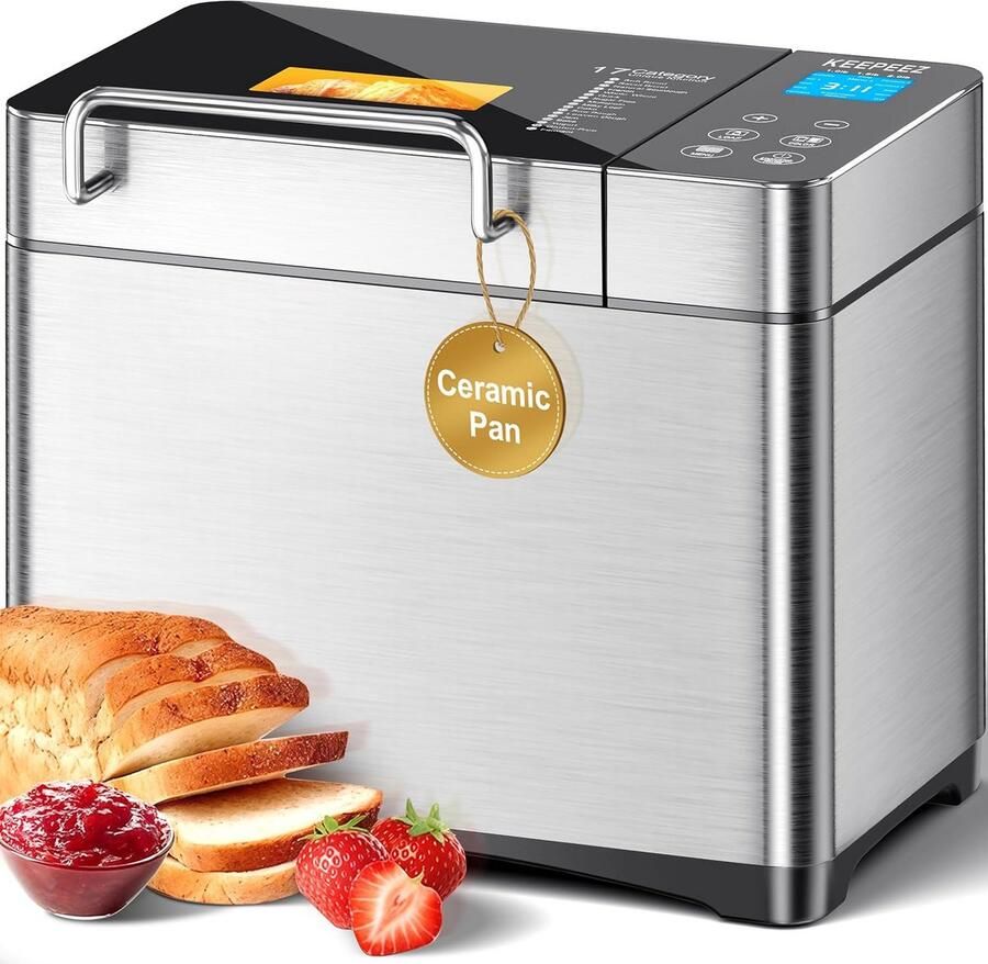 17-in-1 RVS Broodmachine met Automatische Dispenser voor Fruit en Noten Geschikt voor 2 Pond BPA-vrij Non-Stick Keramische Pan 15 Uur Timer en Volledig Aanraakscherm