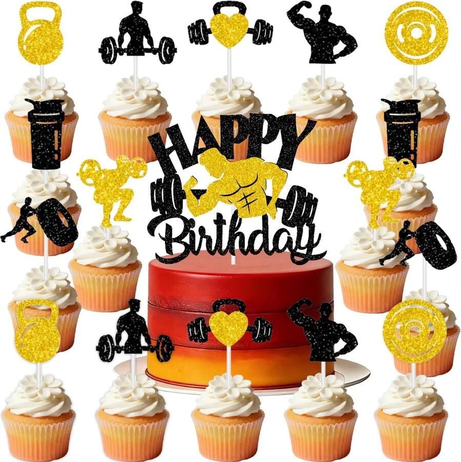 17 stuks fitness taartdecoratie fitnessthema-artikelen zwart-goud fitnessstudio gewichtheffen spieren waterbeker halter verjaardagstaart sportthema mannenfeest Vaderdag
