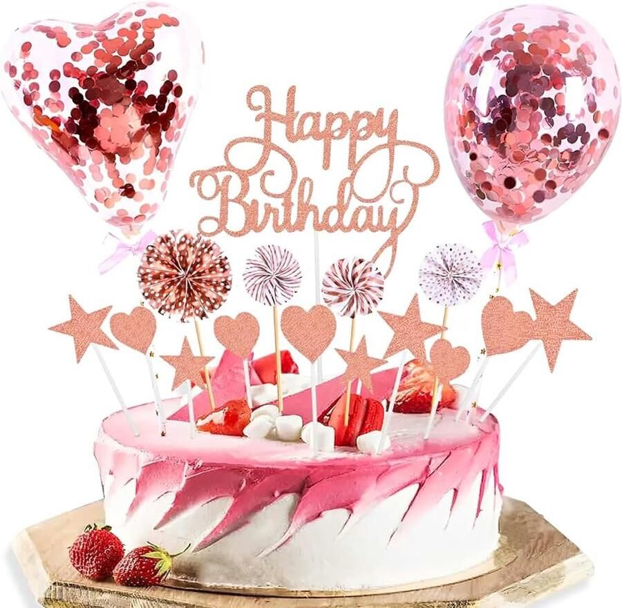 17 stuks Happy Birthday taartdecoratie roségoud taartdecoratie taarttopper ballon sterren hart topper met decoratieve bal voor meisjesfeest verjaardag
