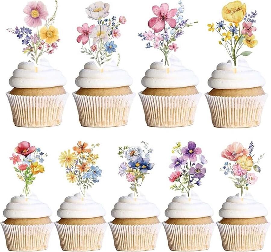 18 stuks cupcake-decoratie muffindecoratie cupcake-topper taartdecoratie verjaardag meisjes voor wilde bloemenfeesten tuinfeesten vrouwenfeesten
