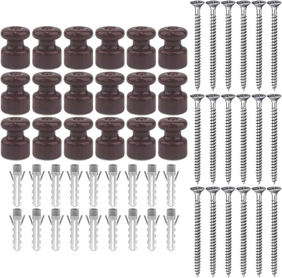 18 stuks porseleinen isolatoren voor installatie met gevlochten textiel kabelisolatoren voor gevlochten kabel bruin glanzend Ø 18 mm keramische isolatoren