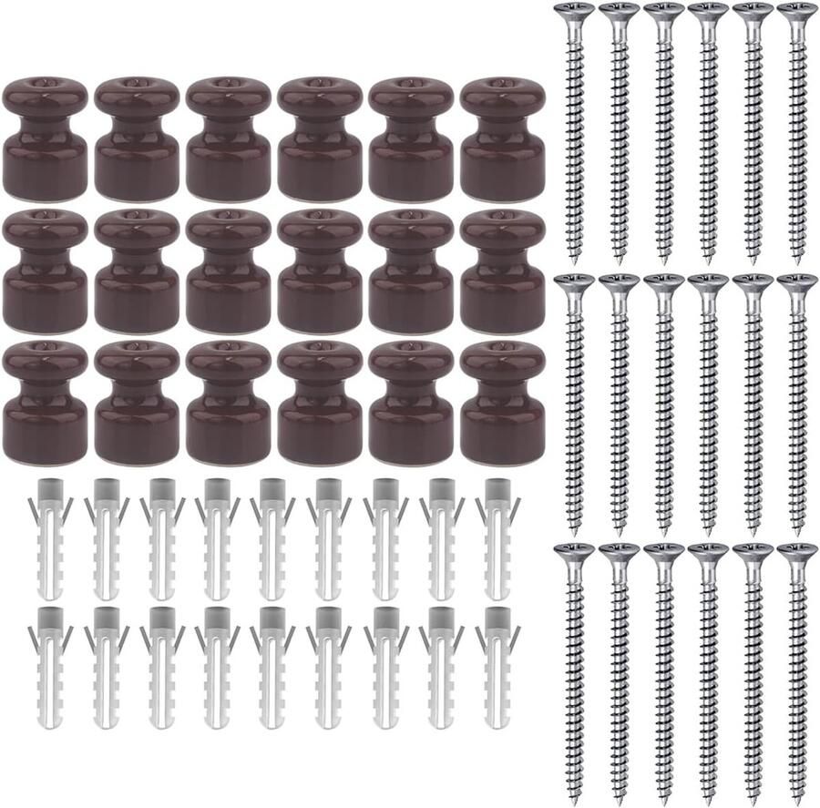 18 stuks porseleinen isolatoren voor installatie met gevlochten textiel kabelisolatoren voor gevlochten kabel bruin glanzend Ø 18 mm keramische isolatoren