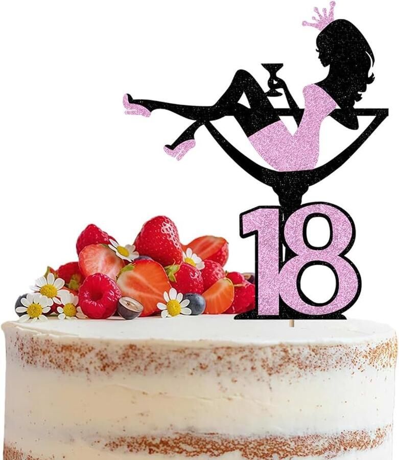 18 verjaardag Cake Topper Glitter Rode wijnglas Meisjes silhouet Taartdecoratie Hoog voor Meisjes Lady Vrijgezellenfeest Thema Verjaardag Party Taartdecoratie Roze