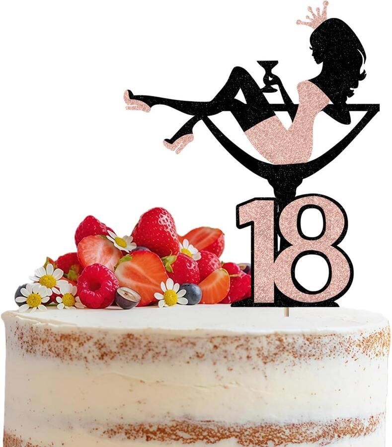 18e Verjaardag Taarttopper Glitter Wijnglas Meisjessilhouet Taartdecoratie Hoog voor Meisjes Dames Vrijgezellenfeest Thema Verjaardag Feest Taartdecoratie Roze Goud