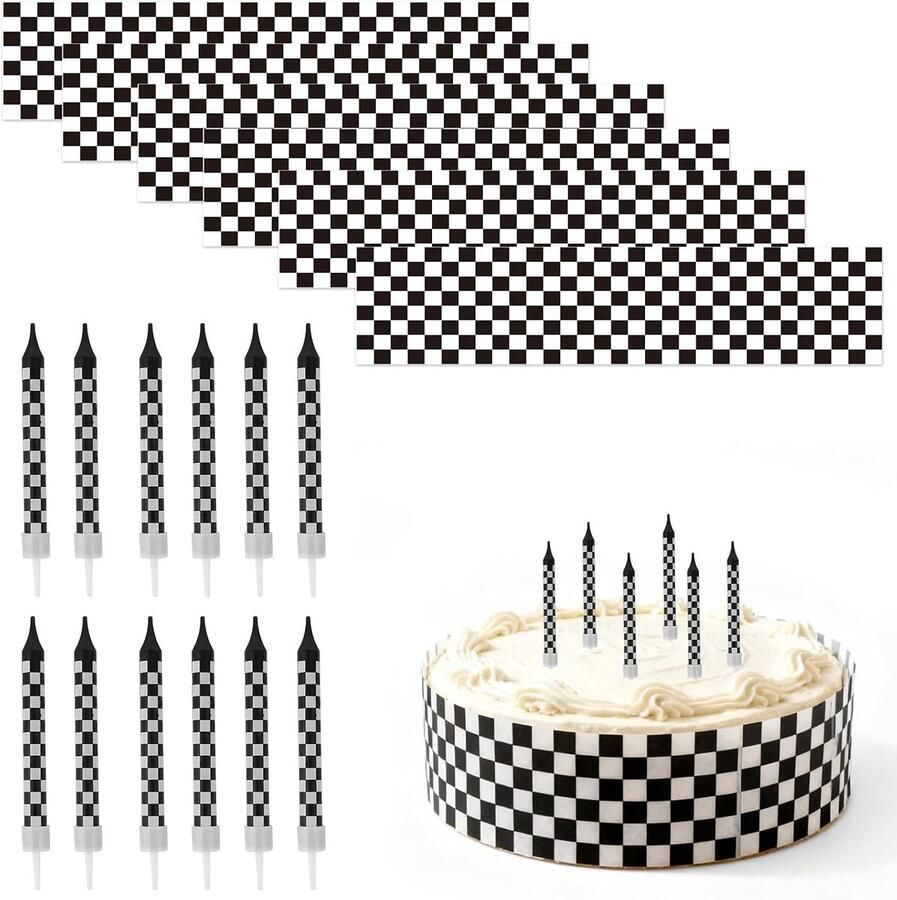 18st Raceauto Verjaardagstaart Decoraties 6st Voorgesneden Eetbare Rijstpapier Zwart Wit Taartrand Wrap Stroken & 12 Stuks Raceauto Kaars Decor Kit voor Verjaardag Feestbenodigdheden