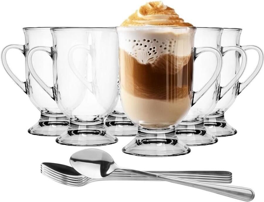 1992 glazenset koffieglazen met handvat en latte lepels 6 stuks 380 ml koffie thee latte glas theekopjes glazen kopjes drinkglas vaatwasmachinebestendig Elton