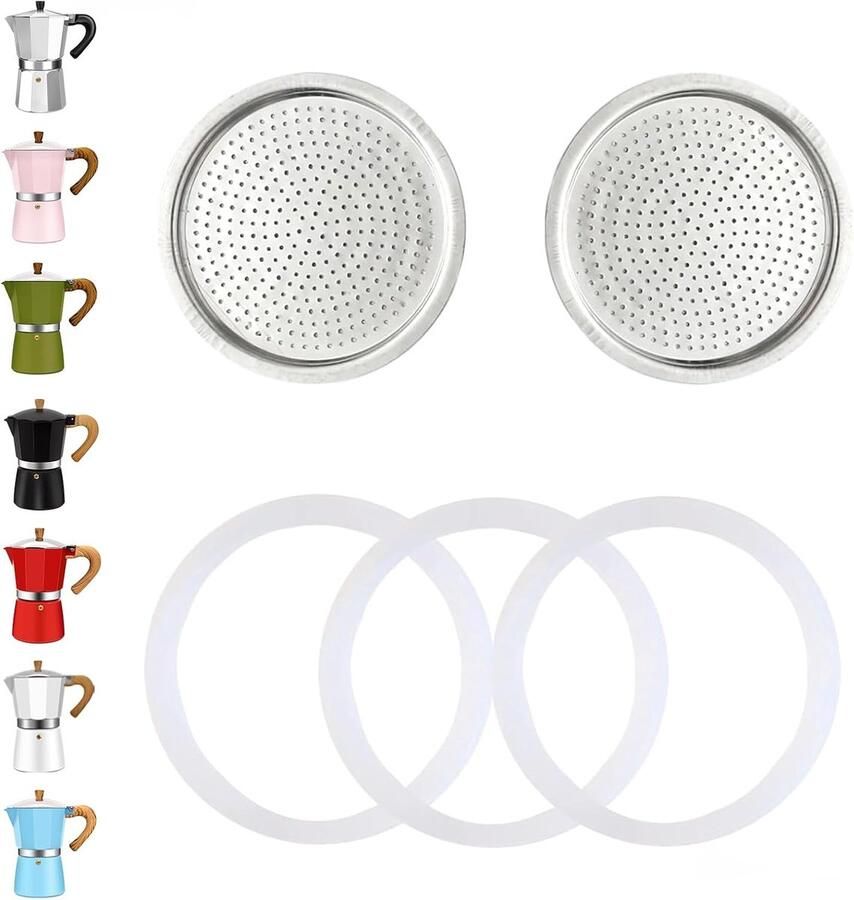 2 Cup Kookplaat Espresso Koffiezetapparaat Vervangende Onderdelen voor Aluminium Moka Pot 2 Stks Filter met 4 Stks Siliconen Pakking Seals