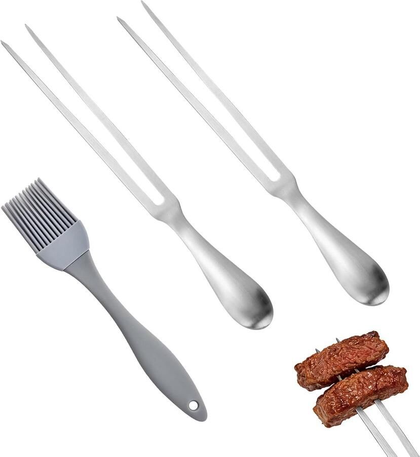 2 Delen Vleesvork Roestvrijstaal 30cm Trancheervork met Ergonomisch Handvat Barbecuevork met Olieborstel voor Grillen Snijden Kamperen Keuken en Restaurant BBQ
