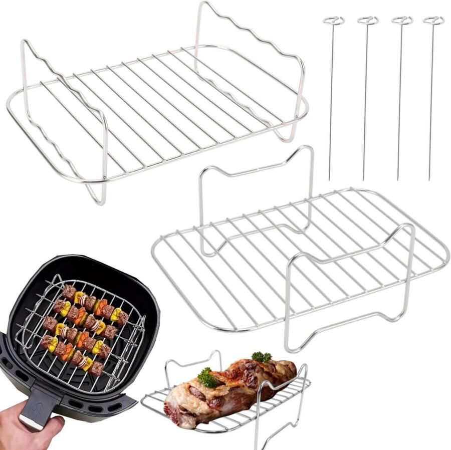 2-delig grillrooster Stoomrek voor frituurpan Dubbellaags grillrooster van roestvrij staal Vierkant barbecuenet Accessoires voor airfryer met 4 vleesspiesnaald Voor frituurpannen ovens en magnetrons (zilver maten)