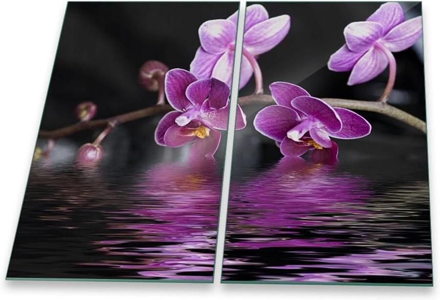 2-Delige Glazen Deksel voor Keramische Kookplaat 60x52cm Spatwand en Snijplank met Orchidee Lila Print