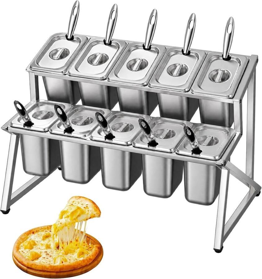 2-delige set pizza ingrediëntencontainers van roestvrij staal 10 dozen met deksels en lepels voor kruiden bijgerechten en saladebar ideaal voor buffetstations en voedselpresentatie
