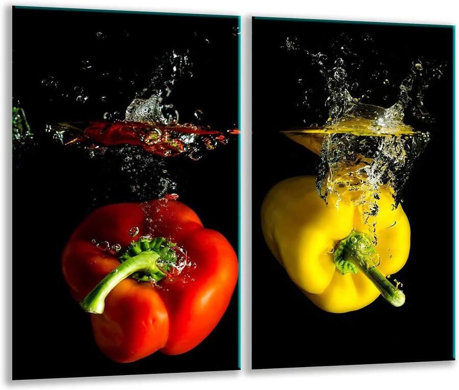 2-delige Universele Glasplaat Set Voor Kookplaat Hittebestendige Pannenonderzetter & Spatwand Achter Fornuis Zwart Rood Paprika Ontwerp