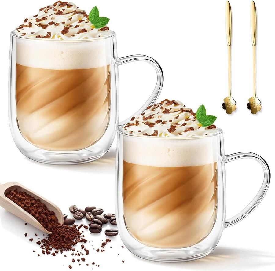 2 dubbelwandige koffieglazen 350 ml cappuccinoglazen latte macchiatoglazen met handvat en 2 lepels thermoglazen dubbelwandig van borosilicaatglas voor cappuccino thee espresso melk bier