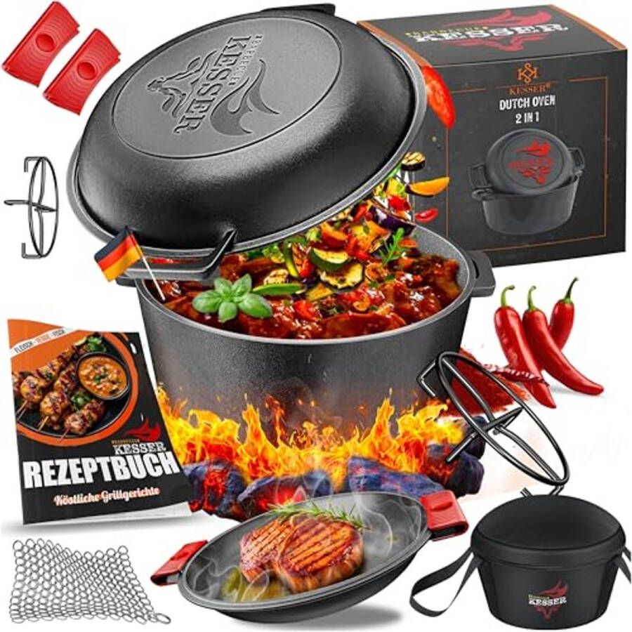 2-in-1 Dutch Oven en Grillpan Gietijzeren Kookpot 4.8L met 1.8L Deksel