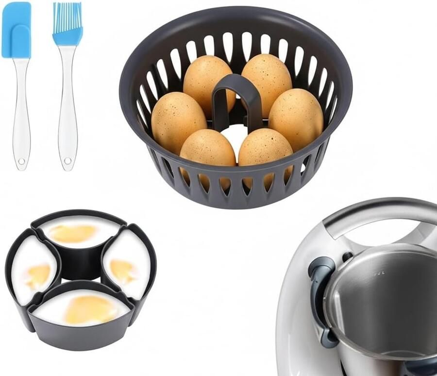 2-in-1 eierkoker en gepocheerde eieren inzetstuk voor Thermomix TM6 TM5 TM31 accessoires BPA-vrij voor 4 gepocheerde en 6 gekookte eieren siliconen eierhouder met spatel en oliekwast