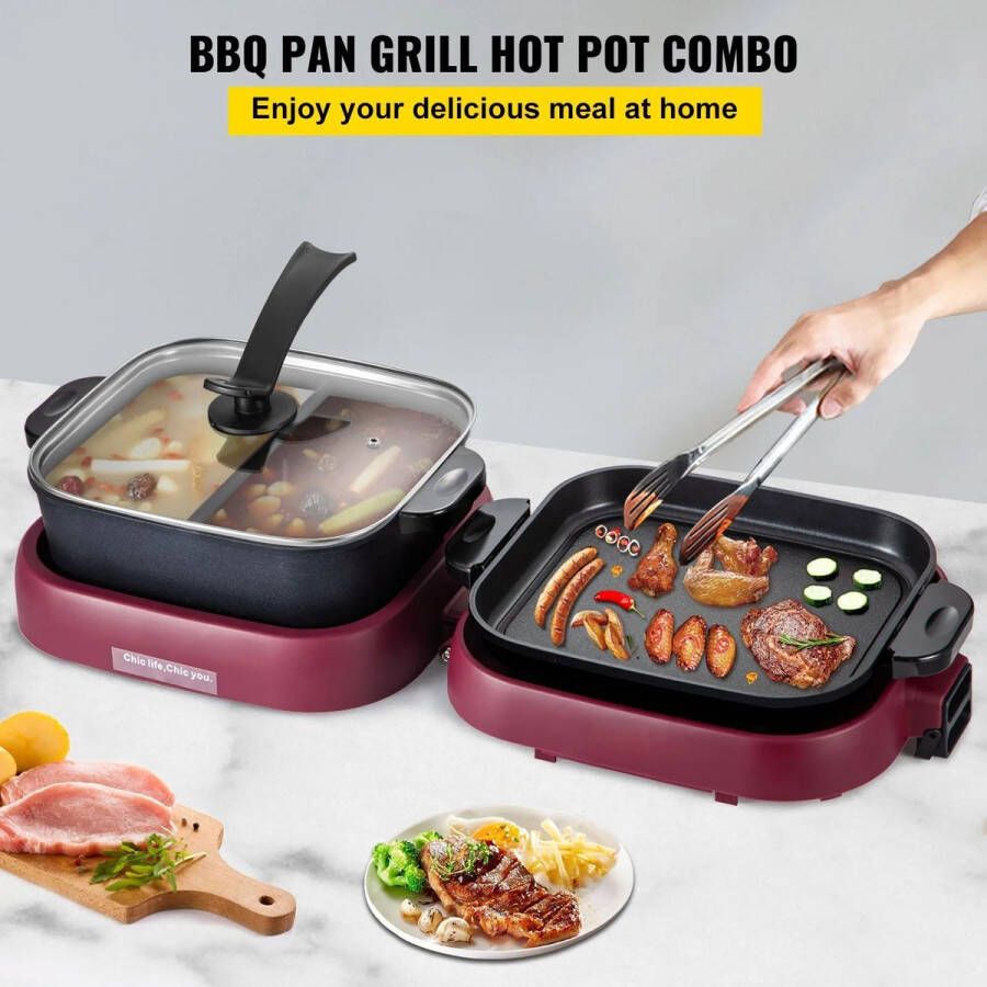 2-in-1 Elektrische BBQ Pan Grill Hot Pot 2000W Draagbare Rookloze Gourmet Anti-Aanbak Laag Opvouwbaar Afneembare Hot Pot Barbecue Plaat