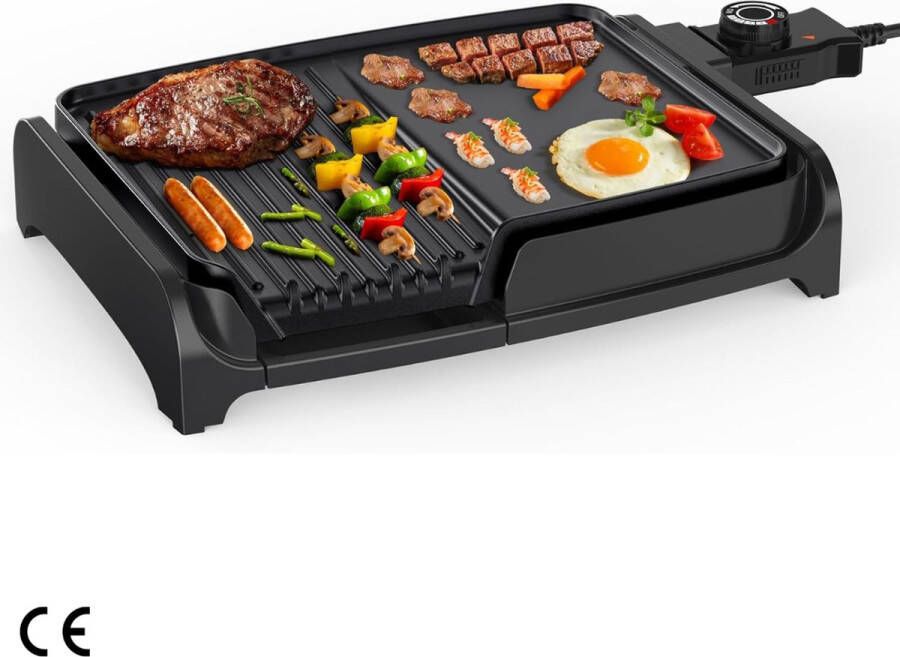 2-in-1 Elektrische Grillplaat Krachtige 1600 W Tafelgrill met 5 Instelbare Temperatuurniveaus en Anti-aanbakplaat