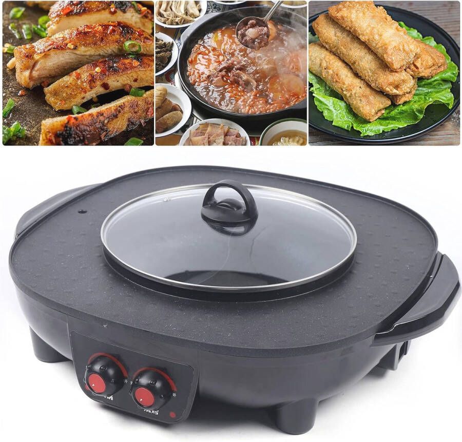 2-in-1 Elektrische Hot Pot Grill en BBQ Pan Rookloze Grill voor 5-6 Persoon