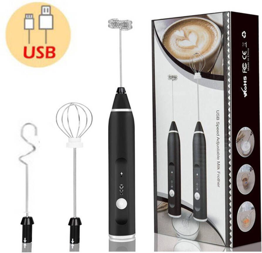 2 In 1 Elektrische Koffie Melk Opschuimer Usb Oplaadbaar Ei Klopper Garde Mixer – Zwart