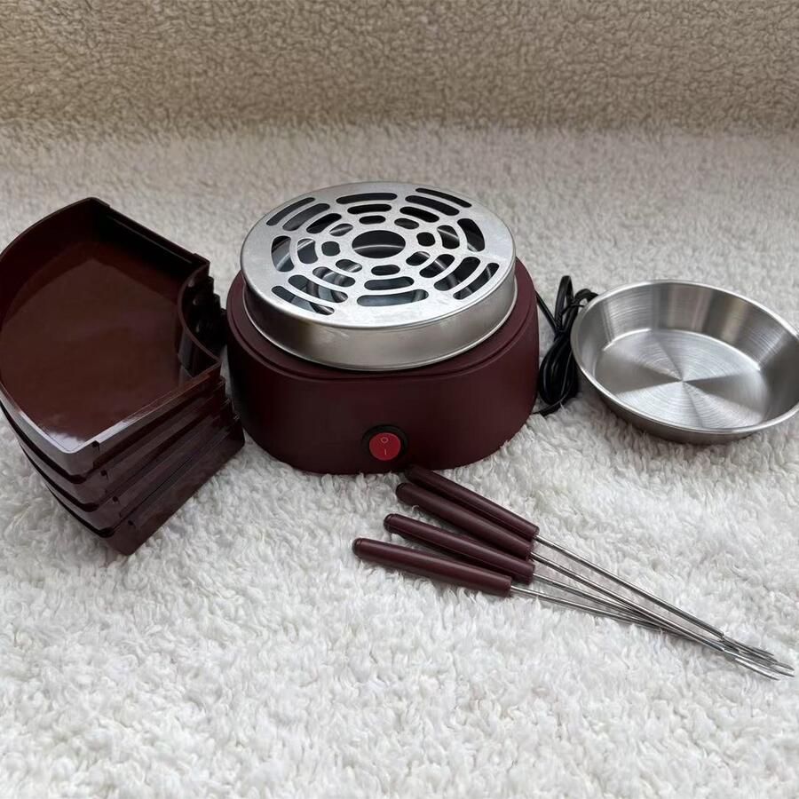 2-in-1 Elektrische S'mores Maker en Fondue Set Binnenhuis Kit voor Kinderen en Koppels 4 Vorken & Afneembare Dienbladen（bruin）