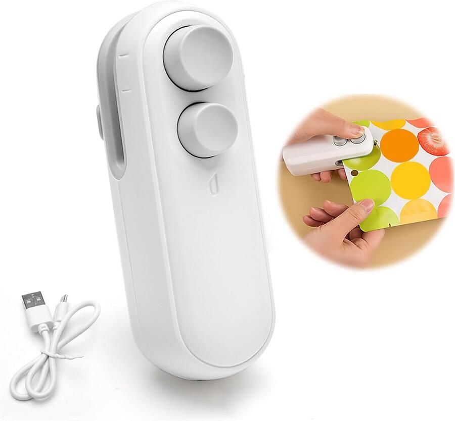 SnelShoppen TNSLAND 2-in-1 Mini Lasmachine met Snijfunctie Oplaadbare Vacuüm Sealer voor Plastic Tassen Handzaam en Magnetische Hechting voor Keuk