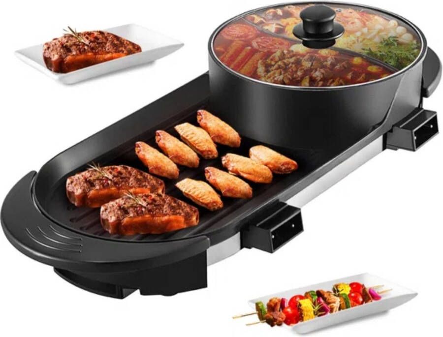 2 in 1 Grill Gourmet Hot Pot 2200W -Multifunctionele 67x28x17 CM Zwart