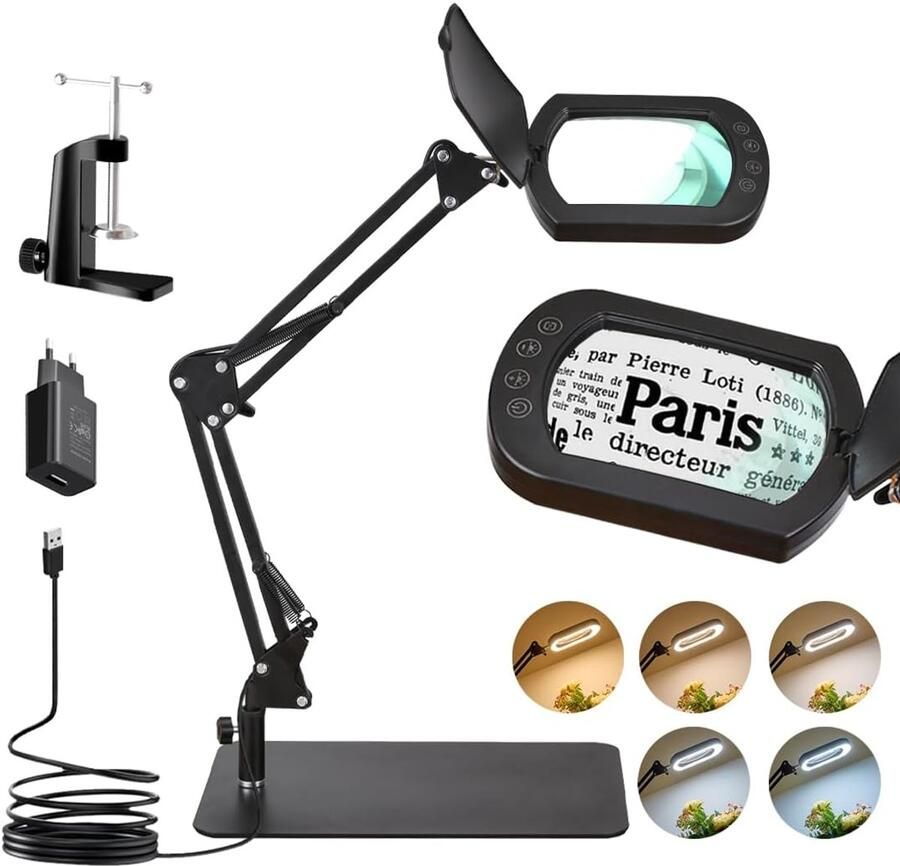 2-in-1 Lamp met Vergrootglas 10x LED Vergrootglas met Verlichting Rechthoekige Tafellamp met 5 Kleurmodi voor Lezen Repareren en Handwerk