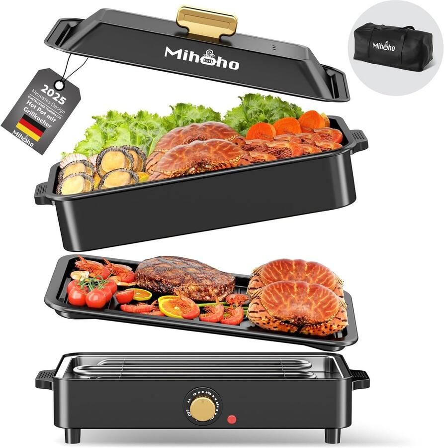 2-in-1 Multifunctionele Elektrische Kookpan met Draagtas 1400W Grill en Slowcooker voor het Gezin