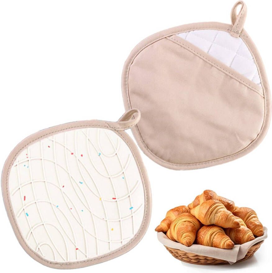 2-in-1 Oven Gloves with Pockets Heat Resistant Oven Mitts Non-Slip Cotton Oven Gloves Kitchen Gloves for Cooking and Baking (20 x 20 cm Beige)