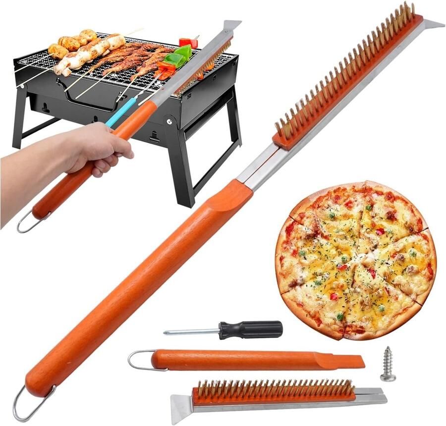 2-in-1 Pizza Borstel Set met RVS Schraper en Messing Borstels voor Hout- en Koolstofovens 53.5 cm
