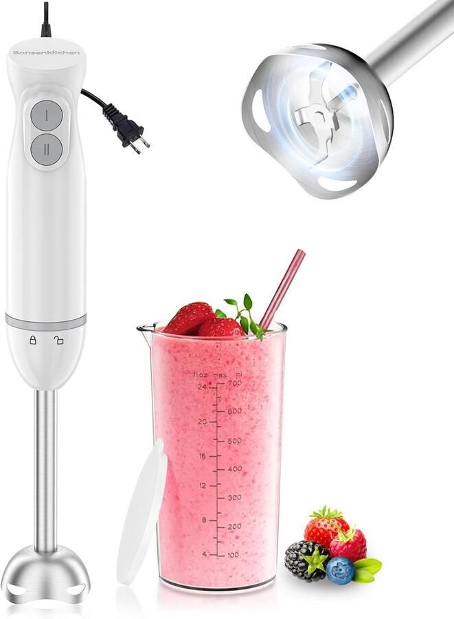 2-in-1 Pureerstaaf 1000 W Roestvrijstalen Staafmixer met Maatbeker voor Babyvoeding en Smoothies