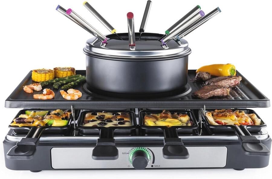2-in-1 Raclette met Fondue Set voor 8 Personen Elektrische Partygrill met 8 Pannetjes Spatels en Fonduevorken Multifunctionele Gourmet Tafelgrill met Variabele Temperatuurregeling