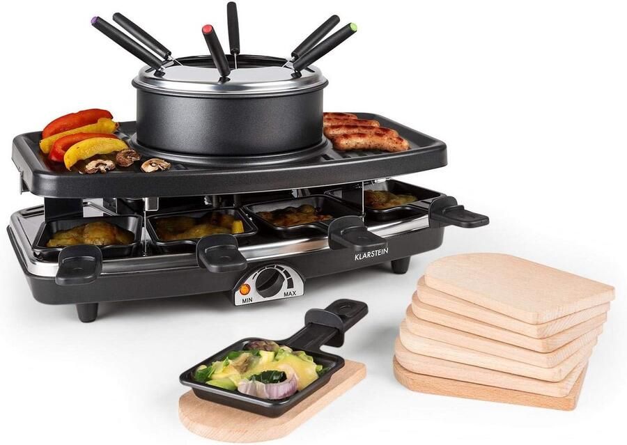 2-in-1 Raclette Grill en Fondueset voor 8 Personen met Natuursteen en Metaal Plaat