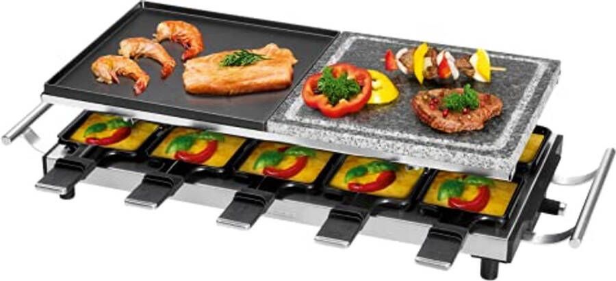 2-in-1 Raclette Grill voor 10 Personen met Grillplaat en Natuurlijke Grillsteen 1700 Watt Roestvrij Staal met Antiaanbaklaag en Traploze Thermostaat