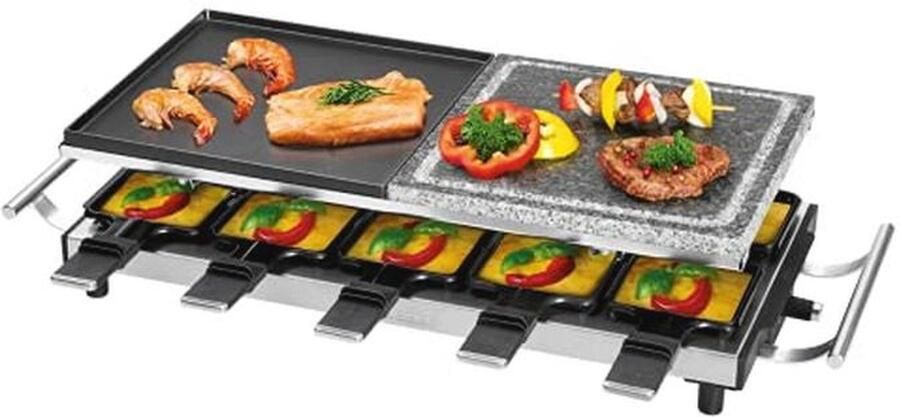 2-in-1 Raclette Grill voor 10 Personen met Grillplaat en Natuurlijke Grillsteen 1700 Watt Roestvrij Staal met Antiaanbaklaag en Traploze Thermostaat