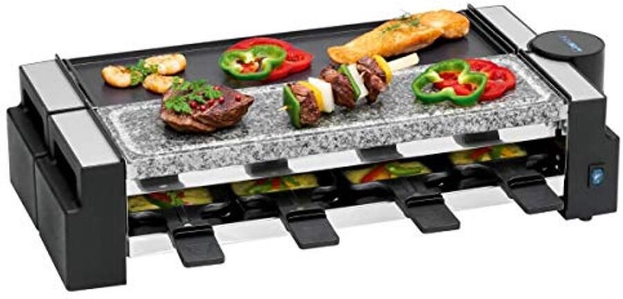 2-in-1 Raclette Grill voor 8 Personen met Natuurgrillsteen en Gietijzeren Plaat