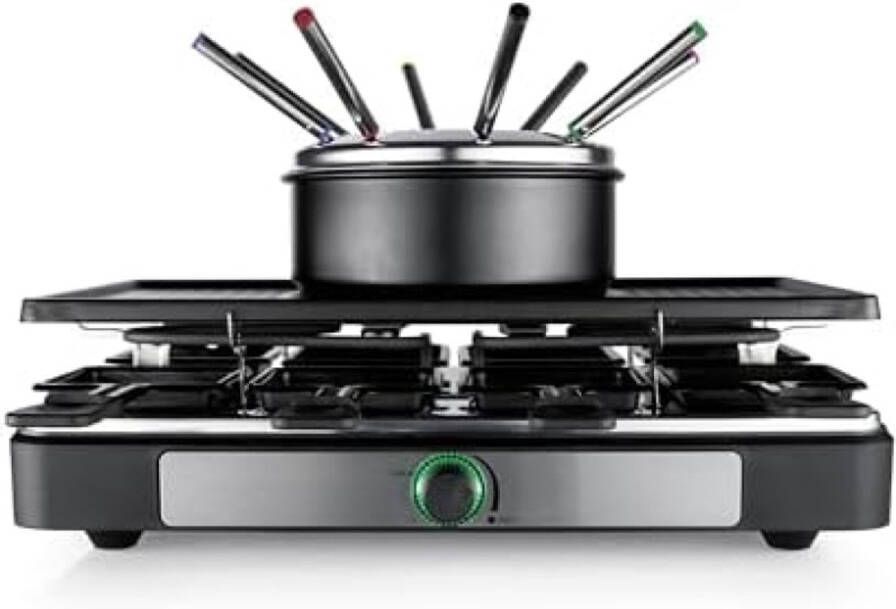 2-in-1 Raclette met Fondue Set voor 8 Personen Elektrische Partygrill met 8 Pannetjes Spatels en Fonduevorken Multifunctionele Gourmet Tafelgrill met Variabele Temperatuurregeling