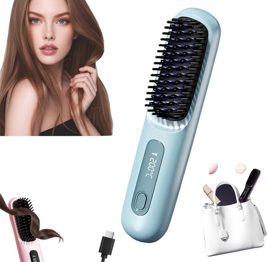 2-in-1 Stijltang en Krultang Draadloos Keramische Platen en Negatieve Ionen USB-C Oplaadbaar Snel Opwarmen in 20 Sec 3 Temperatuurniveaus Blauw